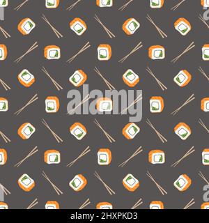 Nahtloses Muster mit japanischer Sushi und Rollen. Druck köstlicher orientalischer traditioneller Speisen auf dunklem Hintergrund. Vektorgrafik für flache Lebensmittel Stock Vektor