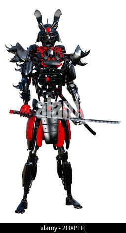3D Darstellung eines männlichen Samurai-Roboters isoliert auf weißem Hintergrund Stockfoto