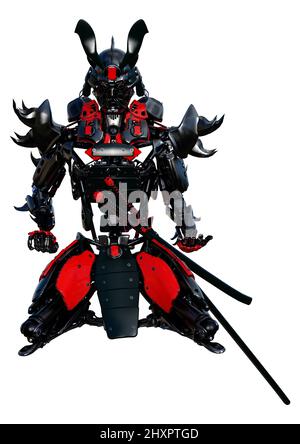 3D Darstellung eines männlichen Samurai-Roboters isoliert auf weißem Hintergrund Stockfoto