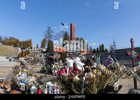 Vulka, Ukraine. 13. März 2022. Die Gräber ukrainischer Soldaten, die in der aktuellen Kriegskrise auf dem Lytschakiv-Friedhof getötet wurden. Trotz der internationalen Verurteilung der russischen Invasion steigt die Zahl der Todesopfer in der Kriegskrise weiter an, wie der ukrainische Präsident Wolodymyr Zelenskyy sagte, dass bei der Aktion am Samstag, dem 12. März 2022, 1.300 Soldaten getötet wurden. Kredit: SOPA Images Limited/Alamy Live Nachrichten Stockfoto