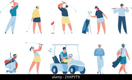 Golfspieler, Golfspieler mit Golfausrüstung. Männer und Frauen Golfer schlagen Ball, Driving Cart, Sport Aktivität Vektor-Set. Outdoor-Hobby oder Training, Freizeitaktivitäten Stock Vektor