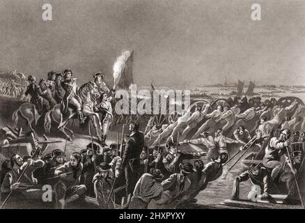 Der amerikanische Rückzug von Long Island am Ende der Schlacht von Long Island, 27. August 1776 während des amerikanischen Revolutionskrieges. Nach einem Stich aus dem 19.. Jahrhundert. Stockfoto