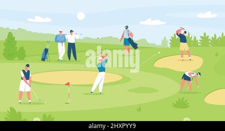 Golfspieler auf dem Golfplatz, professionelle Golfer mit Schlägern. Männer und Frauen Golfspieler Figuren auf dem Feld, Golf Wettbewerb Vektor-Illustration. Sportler trainieren im Freien, Ausrüstung halten Stock Vektor