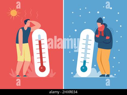Männlicher Charakter bei heißem und kaltem Wetter mit Outdoor-Thermometer. Person schwitzt oder friert, Sommer vs Winter Saison Vektorgrafik. Extreme Wetterbedingungen, Außentemperatur Stock Vektor