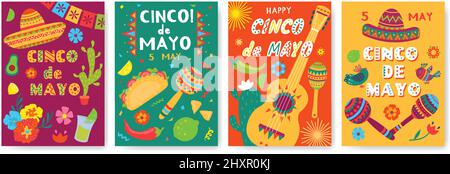 Plakate zum Cinco de Mayo-Festival, Flyer zur mexikanischen Feiertagsfeier. Mexiko Fiesta Party Einladungen mit Sombrero, Gitarre, Maracas Vektor-Set. Traditionelle Symbole, Unterhaltungsobjekte Stock Vektor