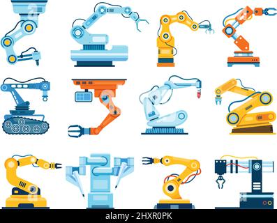 Roboterarme, industrieller Manipulationsarm, Roboterhandmaschine. Fabrik Manipulatoren, automatisierte mechanische Hände, Montage Roboter Vektor-Set. Ausrüstung für Fertigung und Engineering Stock Vektor