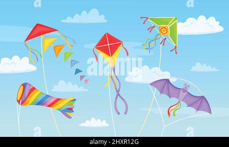 Cartoon bunte Drachen in Himmel mit Wolken, Kite-Festival Hintergrund. Blauer Himmel mit fliegenden Luft Spielzeug, Sommer Kinder Aktivität Vektor Illustration. Papierspielzeug in verschiedenen Formen schwebend Stock Vektor