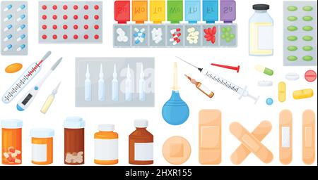 Cartoon-Pillen in Flaschen oder Dosen, Medikamente, Medikamente. Vitamintabletten, Kapseln in Blister, Gips, erste-Hilfe-Kit liefert Vektor-Set. Packungen und Box mit Nahrungsergänzungsmitteln und Medikamenten Stock Vektor