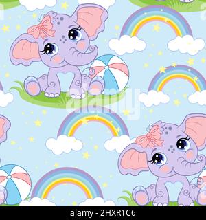 Nahtlose Vektor-Muster mit niedlichen glücklich Elefant und Regenbogen isoliert auf blauem Hintergrund. Farbenfrohe Vektorgrafik. Für Druck, Leinen, Design, Wand Stock Vektor