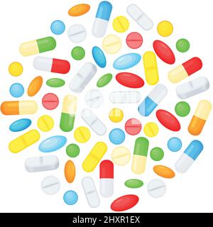 Cartoon-Pillen in Kreisform, medizinische Kapseln und Tabletten. Vitamine und Antibiotika, verschiedene Medikamente, Gesundheitsvektor Hintergrund. Verschiedene Medikamente, Krankheit oder Behandlung von Krankheiten Stock Vektor