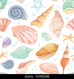 Cartoon Muschel und Seesterne nahtloses Muster, tropischer Ozean. Muschel, Austernschalen, marine Weichtiere, Sommerstrandmuscheln Vektorstruktur. Unterwasser-Hahn und Muschel für Tapeten Stock Vektor