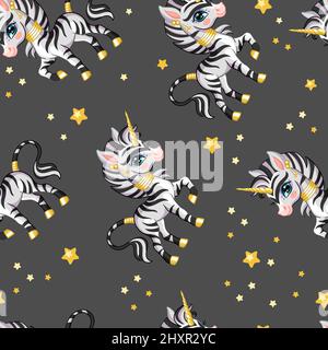 Nahtlose Vektor-Muster mit niedlichen glücklich Zebra Einhorn und Sterne isoliert auf grauem Hintergrund. Farbenfrohe Vektorgrafik. Für Druck, Leinen, Design, w Stock Vektor