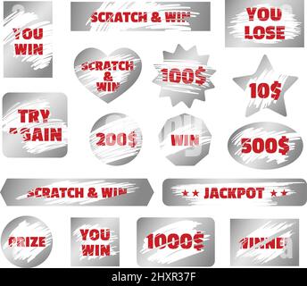 Silver Scratchcard, Scratch and Win Spiel, Instant Lotto-Tickets. Jackpot-Gewinner Kratzer Karten, Glücksspiel Ticket Elemente Vektor-Set. Gelöschte Oberfläche mit erneut versuchen, Preis und Sie verlieren Text Stock Vektor