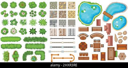 Stadtpark Draufsicht Landschaftselemente, Bäume, Wege, Bänke. Büsche, Zäune, Wege, Teiche für die Gartengestaltung Design-Vektor-Set. Holzmöbel, grüne Pflanzen zur Dekoration Stock Vektor