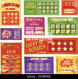 Rubbelkarten, Instant Lotto-Karte, glückliche Jackpot-Gewinner-Tickets. Lotto und Bingo Spiel gewinnen Ticket, Rubbellos Spiele Vektor-Set. Glücksspiel-Konzept, Gutscheine für Preis oder große Cash-Gewinn Stock Vektor