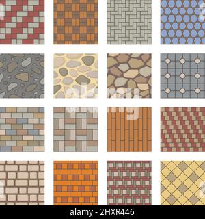 Pflastersteine nahtloses Muster, Stadtstraßen Pflaster Fliesen. Park Pfad Landschaftsgestaltung Elemente, Bürgersteige Stein, Fliesen, Backstein Textur Vektor-Set. Architektonische Elemente für Garten, Straße oder Wand Stock Vektor