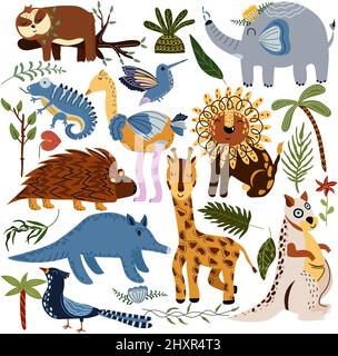 Set aus Dschungeltieren und exotischen tropischen Blättern. Afrikanische Tiere, Papageien, Kolibris, Giraffen, Faultiere, Elefanten, Kängurus, Strauße und Palmen. Niedliche Tiere Safari. Vektorgrafik. Stock Vektor