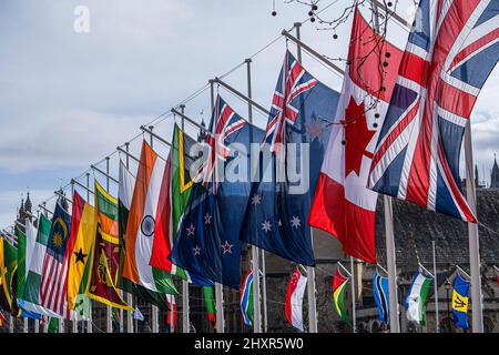 14. März 2022. Commowealth Flags auf dem Parliament Square, London, Großbritannien Stockfoto