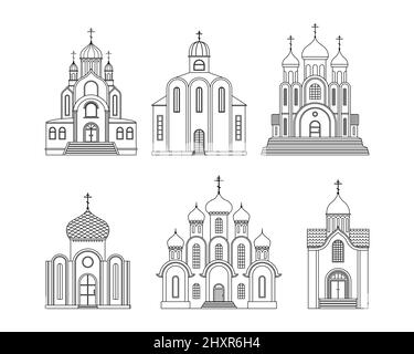 Vektor-Set mit Illustrationen der orthodoxen christlichen Kirche. Ein religiöses Gebäude. Gliederung Stock Vektor