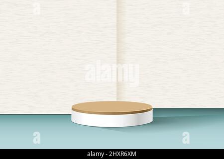 Cremefarbene strukturierte Wand Hintergrund Szene leere Präsentation Display Vorlage mit türkisfarbenem Boden und runden Podest Podium für Bad und Beauty-Produkte. Stock Vektor