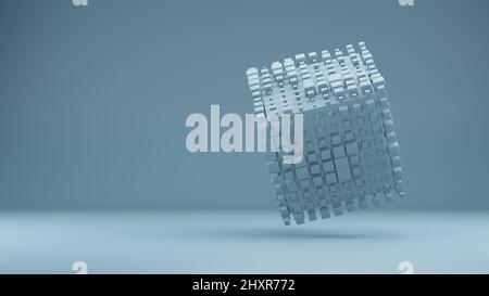 Abstrakte befriedigende Geometrie Illustration für Werbung. Viele Würfel auf blauem Hintergrund. 3D Render-Schleife. Stockfoto