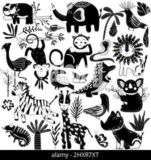 Set aus schwarzen und weißen Dschungeltieren und exotischen tropischen Blättern. Afrikanische Tiere, Faultier, Vogel, Elefant, Koala, Giraffen, Flamingo, Nashorn, Krokodil, Affen und Palmen. Niedliche Tiere. Vektor. Stock Vektor