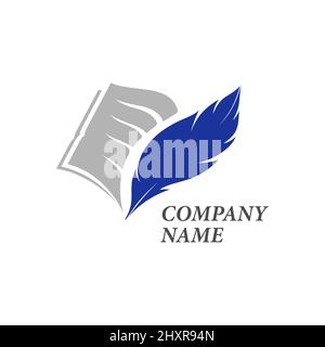 Blauer Stift zum Schreiben mit einem offenen Buch. Vintage-Style. Vorlage für Logo-Design Stock Vektor
