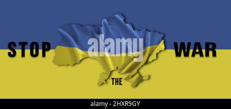 Ukraine Karte, Krieg in der Ukraine illustriert mit Landesflagge und Titeln - Banner Design mit Kopierraum Stockfoto