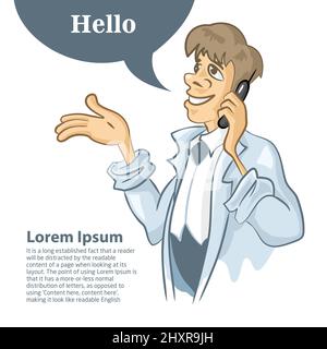 Cartoon Geschäftsmann in Mantel reden am Telefon. Er lächelt Stock Vektor