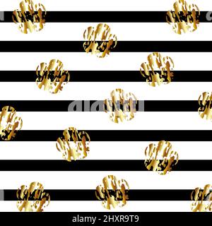 Abstrakter Hintergrund aus goldenen Blumen auf schwarzen und weißen Streifen Stock Vektor