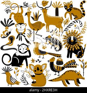Sammlung von Dschungeltieren und Vögeln. Wiedehopf, Lemur, Affe, Löwe, Chamäleon, Faasant, Flamingo, Schlange. Niedliche Tiere. Vektorgrafik. Stock Vektor