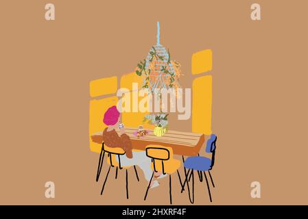 Frau beim Frühstück, beim Holztisch sitzend und Kaffee trinkend im sonnigen Wohnzimmer. Konzept der häuslichen Gemütlichkeit und Stil. Vektorgrafik Stock Vektor