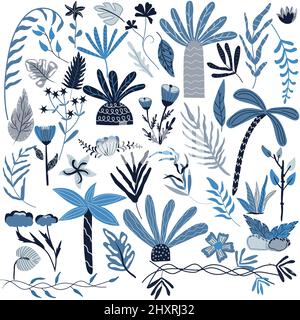 Große Sammlung tropischer Blätter und Palmen. Palmblätter, Blumen, botanisches Laub für Ihr Design. Vektorgrafik. Stock Vektor