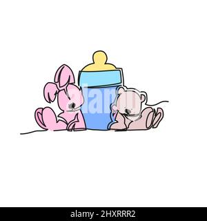 Kaninchen, Schnuller und Bär . Schnuller und Baby Spielzeug Illustration kontinuierliche Linie Zeichnung. Stock Vektor