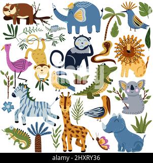 Set aus Dschungeltieren und exotischen tropischen Blättern. Afrikanische Tiere, Faultier, Vogel, Elefant, Koala, Giraffen, Flamingo, Nashorn, Krokodil, Affen und Palmen. Niedliche Tiere. Vektor. Stock Vektor