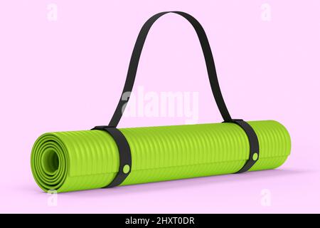 Grüne Yogamatte oder leichte Schaumstoff-Campingbett-Rollauflage isoliert auf rosa Hintergrund. 3d-Rendering von Sportgeräten für Fitness, Yoga und aktives Arbeiten Stockfoto