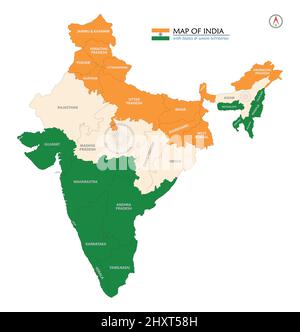 Karte von Indien mit Staaten im Flaggendesign Stock Vektor