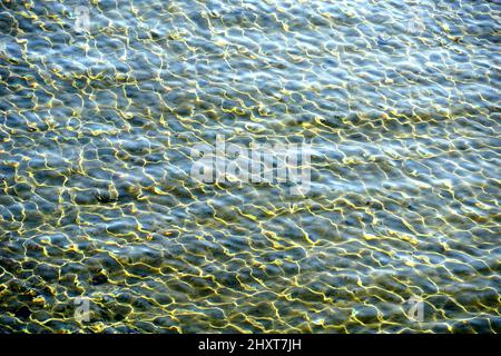 Interessante türkisfarbene Meeresoberfläche mit gelb marmorierten Sonnenstrahlen über transparentem Wasser Stockfoto
