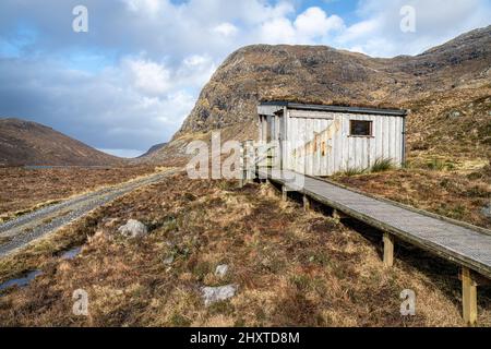 North Harris Golden Eagle Observatory im Glen Mhiabhaig, Isle of Harris, Schottland Stockfoto