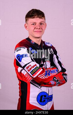 MANCHESTER, GROSSBRITANNIEN. MÄR 14. Archie Freeman - Belle Vue „Cool Running“ Colts während des Belle Vue Speedway Media Day im National Speedway Stadium, Manchester, Montag, 14.. März 2022. (Kredit: Ian Charles | MI News) Stockfoto