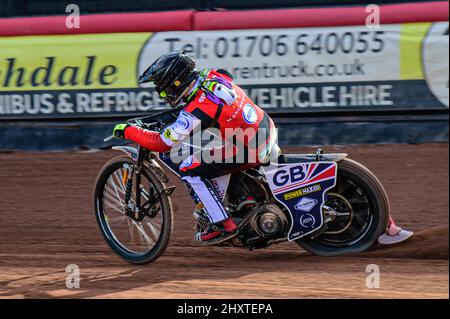 MANCHESTER, GROSSBRITANNIEN. MÄR 14. Tom Brennan in Aktion während des Belle Vue Speedway Media Day am Montag, 14.. März 2022, im National Speedway Stadium, Manchester. (Kredit: Ian Charles | MI News) Kredit: MI News & Sport /Alamy Live News Stockfoto