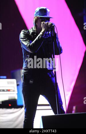 Julian Casablancas über die Schlaganfälle beim Coachella Valley Music and Arts Festival, das im Empire Polo Field, Kalifornien, stattfindet. Stockfoto