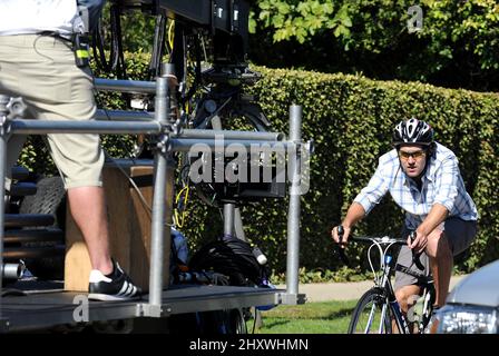 Paul Rudd filmt eine Fahrradszene für „This is Forty“, Kalifornien Stockfoto