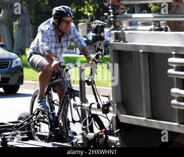 Paul Rudd filmt eine Fahrradszene für „This is Forty“, Kalifornien Stockfoto