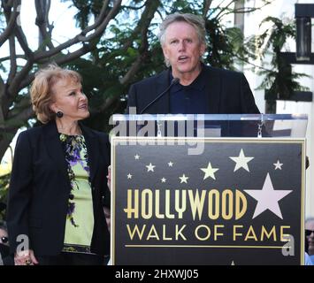 Maria Elena Holly und Gary Busey werden als Buddy Holly am 07. September 2011 auf dem Hollywood Walk of Fame vor dem Capital Records Building in Hollywood, Kalifornien, geehrt. Stockfoto
