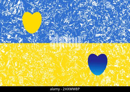 Ukrainische Staatsflagge mit gelben und blauen Herzen. Symbol der Liebe und des Friedens in der Welt. Stockfoto