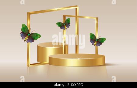 3D Leere Bühne mit goldenen quadratischen Bögen mit bunten Schmetterlingen, Vektor isoliert auf beigem Hintergrund. Set Showcase mit leerem Podium Stock Vektor