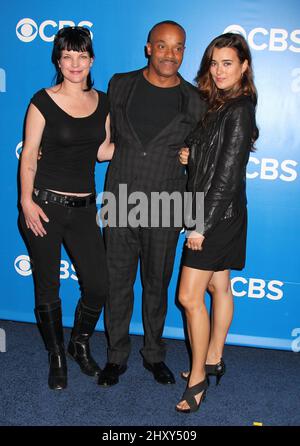 Pauley Perrette, Rocky Carroll und Cote de Pablo nehmen an der CBS 2012 Upfronts Veranstaltung in New York Teil. Stockfoto