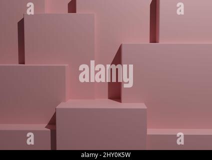 Minimal Light Pastel Pink Background 3D Studio Mockup-Szene mit Podien und Ebenen für Produktpräsentation und Präsentation. Geometrische Horizontale Architekturtapete. Stockfoto