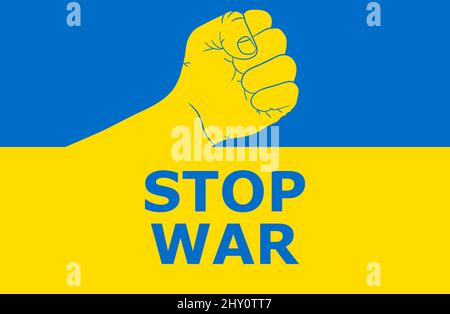 Beenden Sie den Krieg in der Ukraine.menschliche Faust auf dem Hintergrund der Ukraine-Flagge. Vektorgrafik. Konzept des Widerstands. Stock Vektor